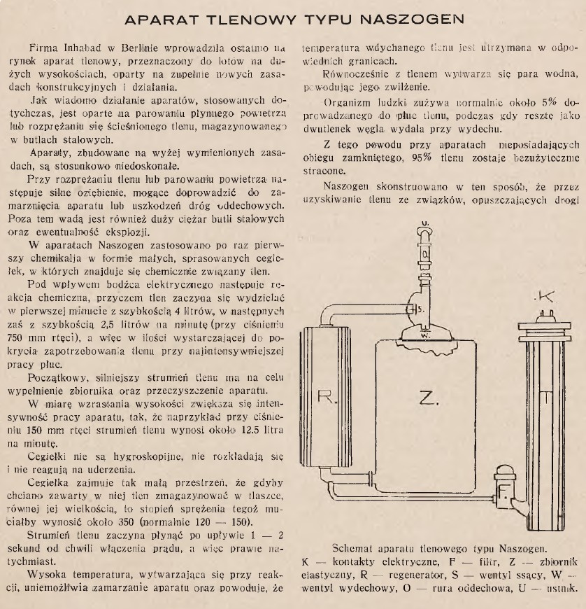 Technika: Aparat tlenowy typu Naszogen. Hamulce pneumatyczne do samolotów systemu Knorr. Gaśnica automatyczna Bergmanna (1930 r.)